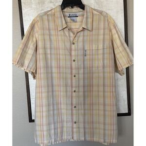 Columbia Yellow Plaid  Short Sleeve Button Up Shirt Mens Size XL Straight Hem